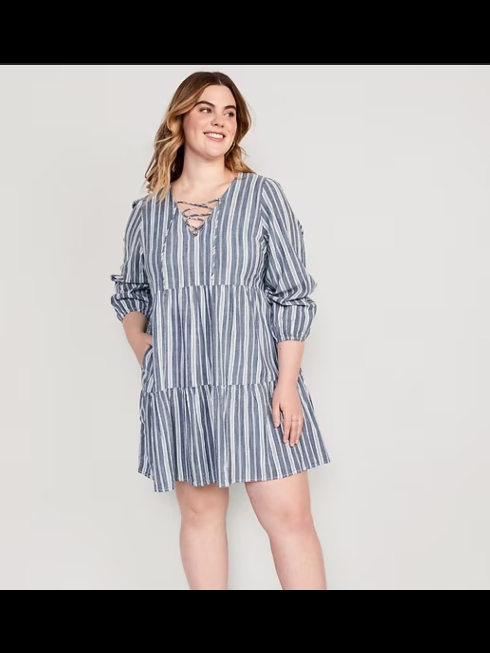blue island Blue and White Striped Lace-Up Coverup Dress
